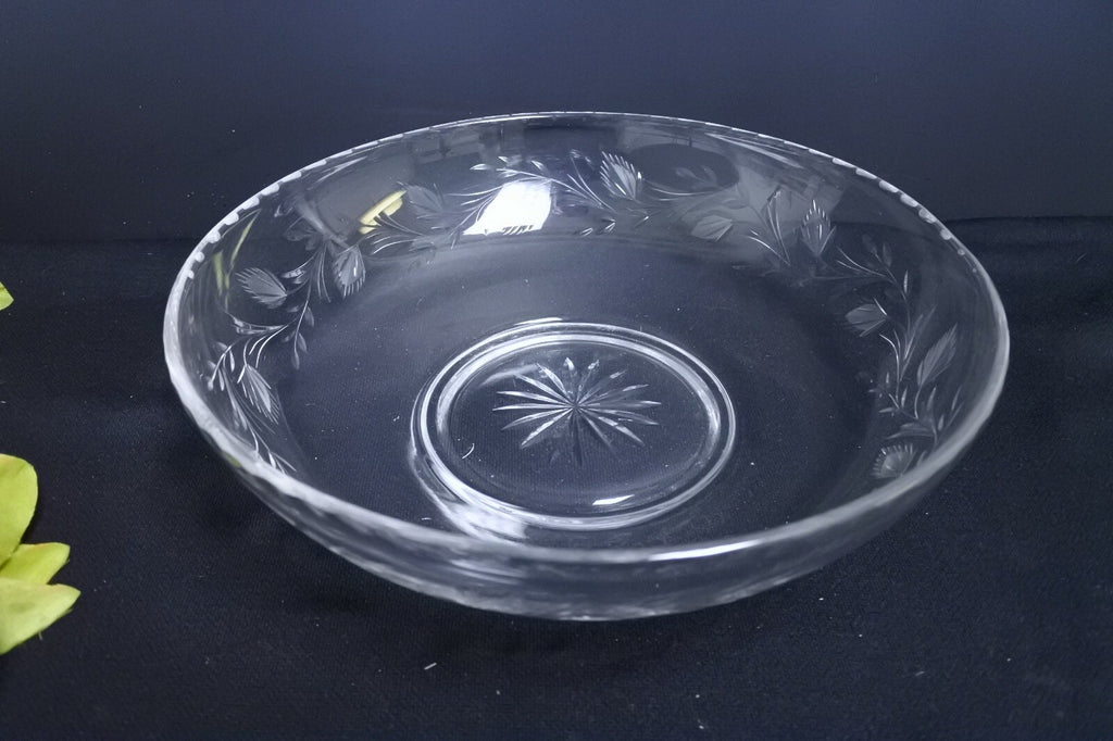 Vintage Glass Serving Bowl Etched Leaves Scalloped Rim