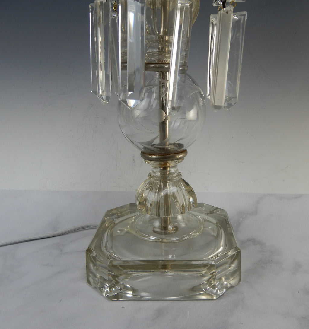 Vtg. Crystal 22-1/4" Tall Table Lamp W/Hanging Prisms and Flicker Flame  Bulb