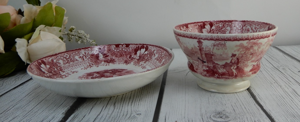 Corinth Pattern Cramberry Red Transferware Handleless Cup and Saucer