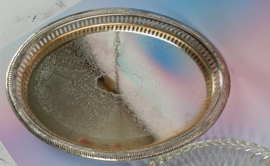Vtge Silver-Plated Hors d’Oeuvres Serving Tray W/Glass Separate Inset 14-1/2"
