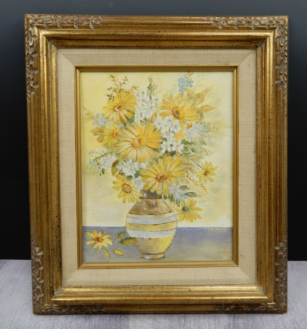 Vintage Oil Paint with Daisy Flowers in a Wood Frame