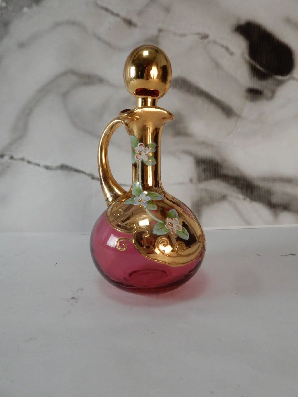 Vintage Glass Czech Bohemia Hand-Painted Red Cruet with Stopper