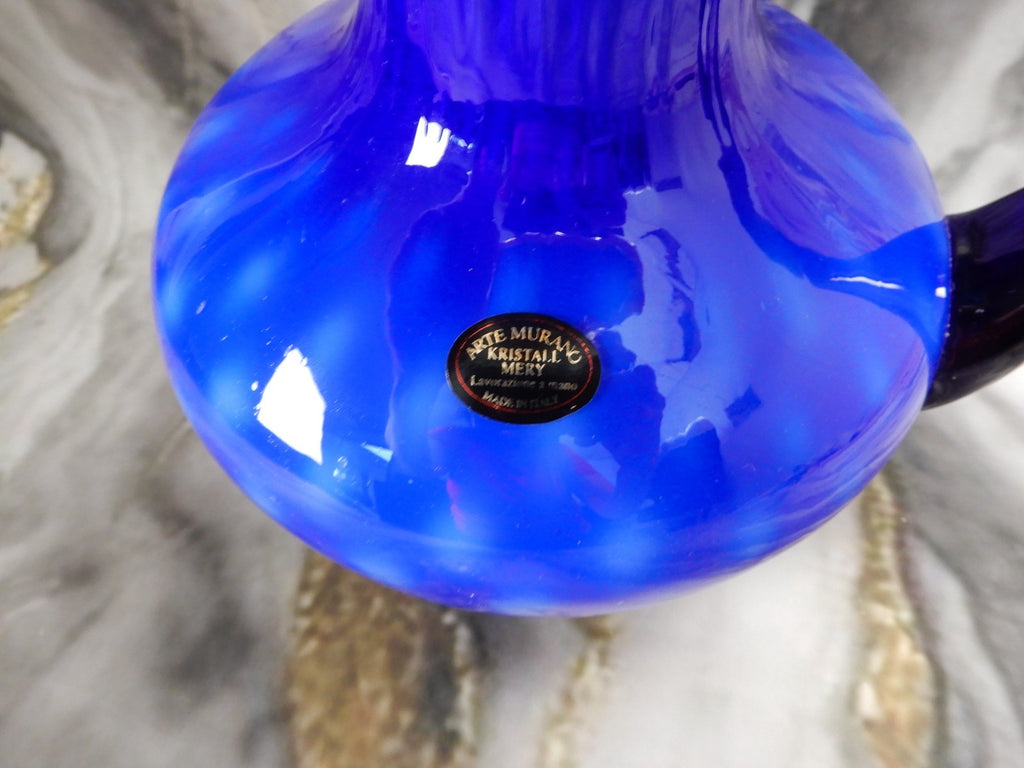Arte Murano Kristall Mery Art Glass 13-3/4" Tall Pitcher Cobalt Blue,Yellow Rim