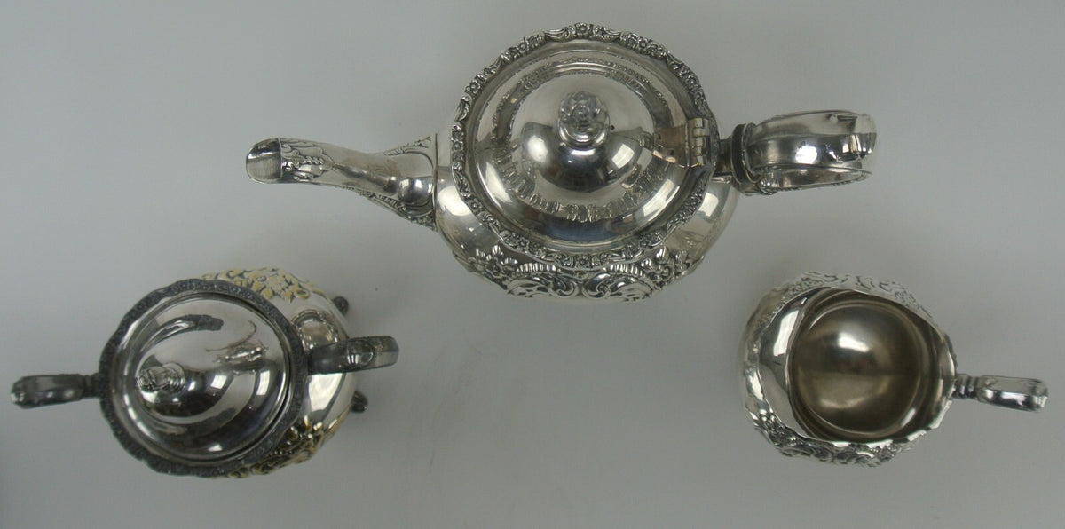 EPCA by Poole Silverplate Teapot #600 - Hand Chased Tea Pot,Sugar Bowl & Creamer