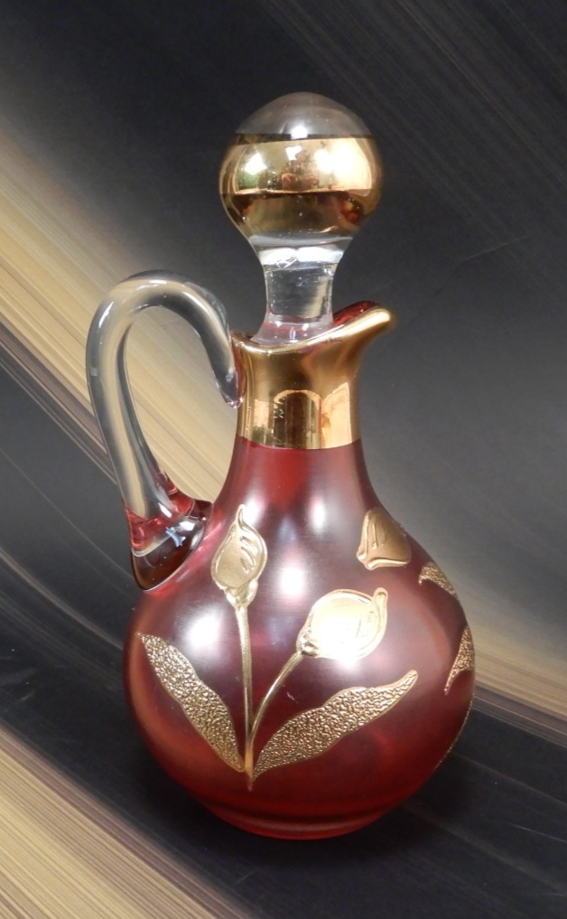 Vintage Bohemian Ruby  Red Glass Gold incustred Poppy Flowers Cruet with Stopper