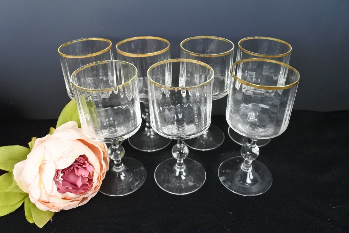 Lot Of 7 Vintage Ribbed Gold Rimmed Drinking Glasses Glasses Marked AC