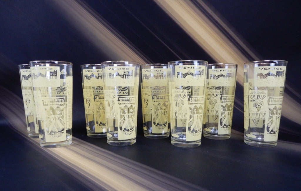 8 Piece Vintage High Ball Yellow Glass Travel Tumblers World Destination 16 oz