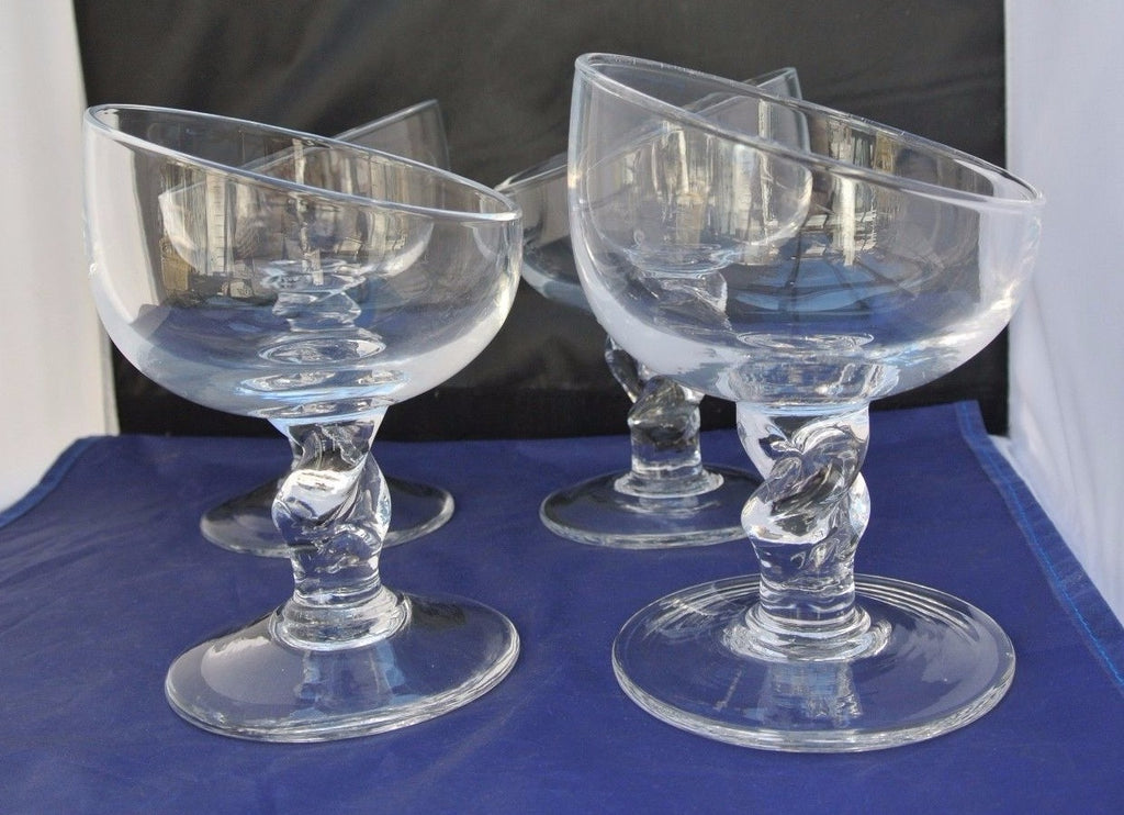 (4) Unique Shape Hand Blown Clear Glass Ice Cream Sundae, Margarita Glasses