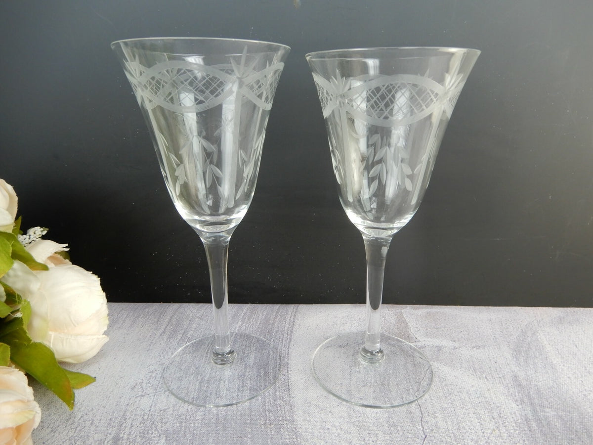 Set of 2 Vintage Long Stem Etched Water/Wine Glasses