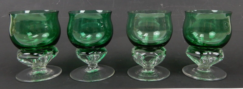 4 Hand Blown Forest Green With Clear Stemmed Cordial Liqueur 4oz Glasses