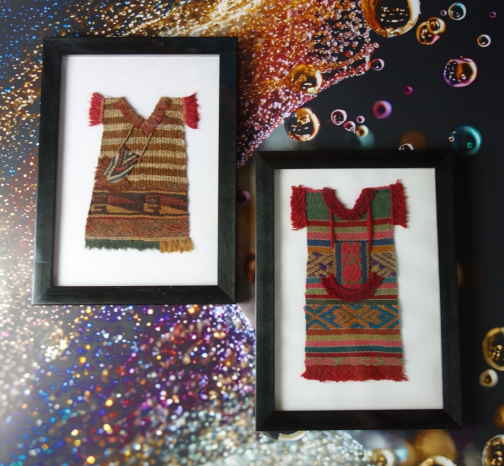 Pair of Precolombian Woven Textile Small Doll Dress Framed 11" X  8"