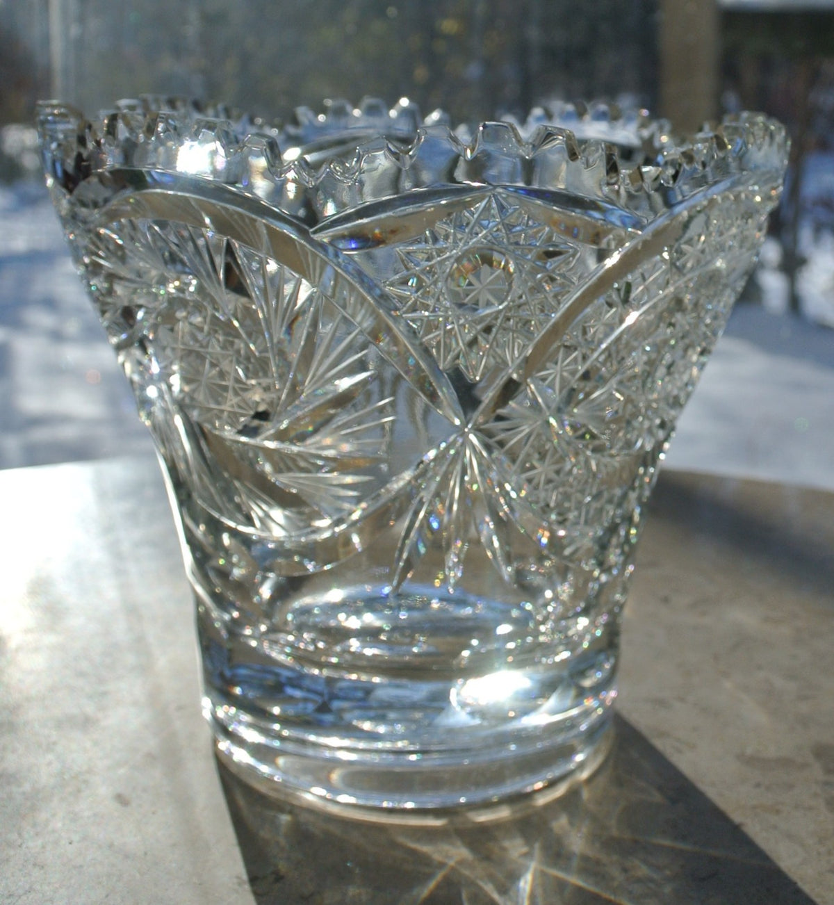 American Brilliant Period Hand Cut Glass Vase w/Hobstar, Pinwheels,Saw Tooth Rim