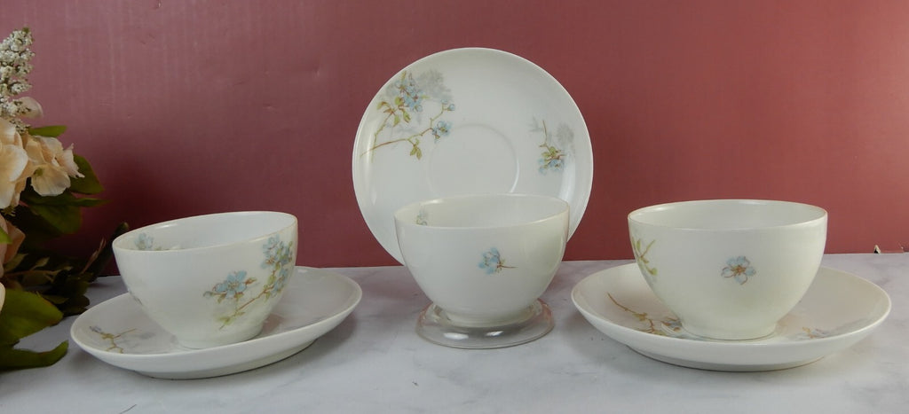 Antique Limoges A. Lanternier France Porcelain Blue Floral 3 Cups and Saucers