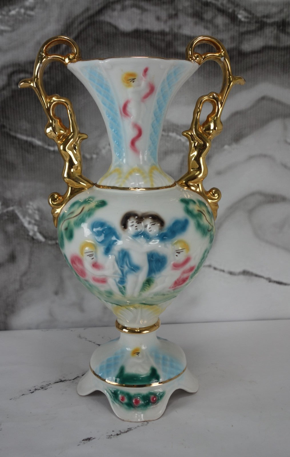 Hand Decorated With Cherubs Italian Footed Vase, Gold Trim Porcelain 15.5" Tall