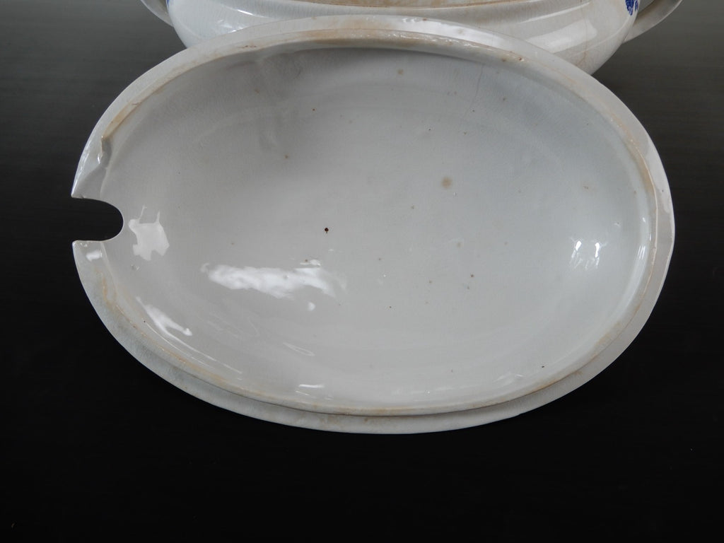 Antique GEFLE Porcelain Soup Tureen, Blue Rose Motif, Swedish Transferware