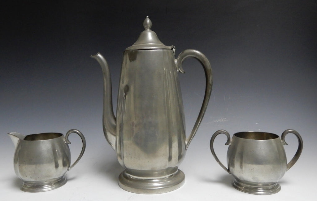 Vintage Crescent Pewter Metal Coffee Pot, Creamer, and Sugar Bowl New York 1930s