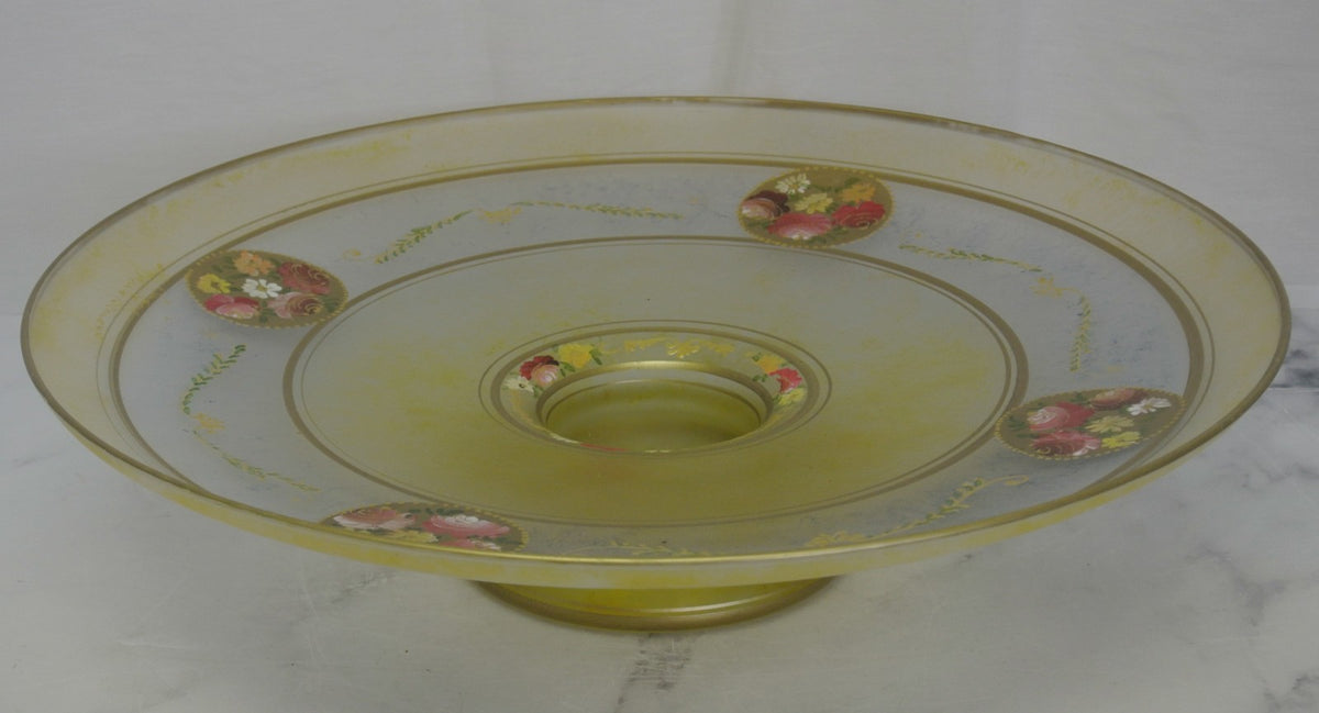 Vintage Bohemian Glass Hand Painted Enamel Footed Bowl, Stand