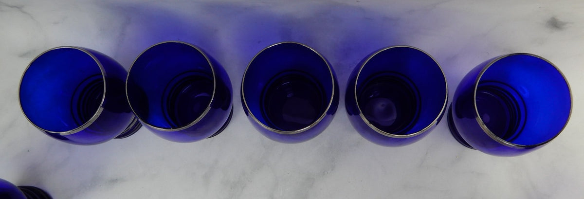 Eigth Imperial Glass Shaeffer Cobalt Blue Tumbler Glasses w/ Platinum Silver