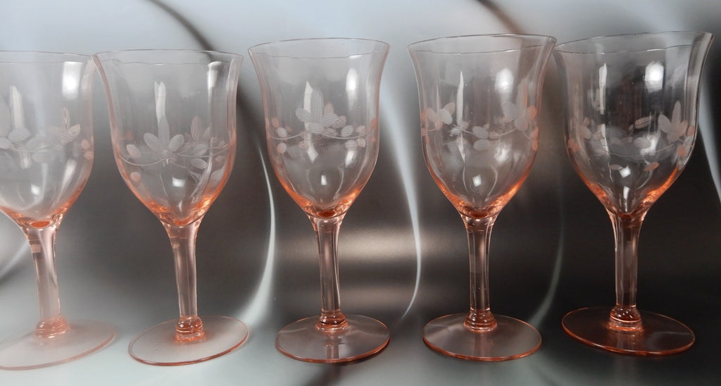 Set of 7 Pink Depression Floral Etched Stemware Wine Glasses ~10 Fluid Ounces