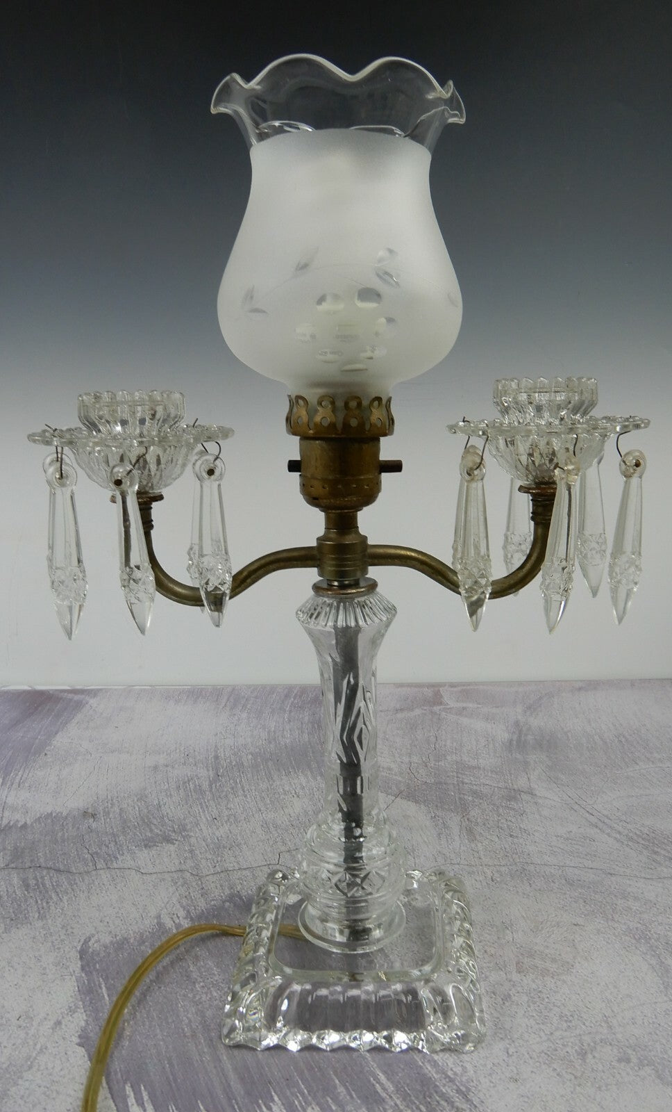 Vintage Two Arm Candle Holder Electric Table Lamp With Hanging Crystals B