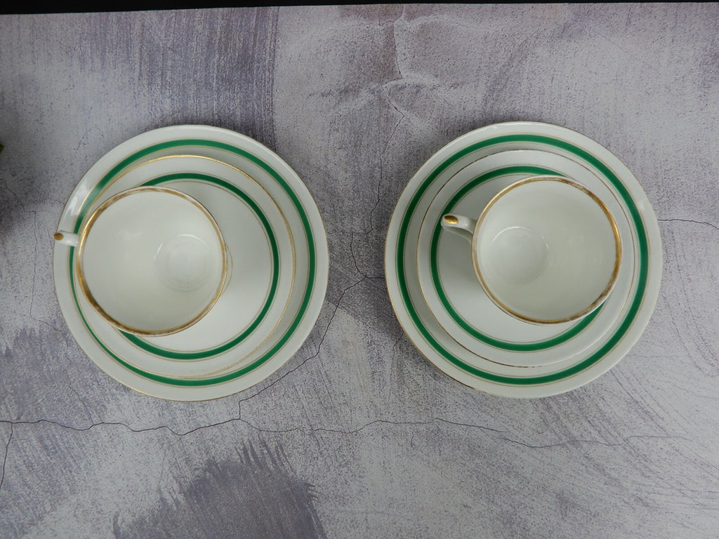 Two Set Antique White,Green and Gold Trim Tea Set Trio Cup,Saucer,Dessert Plate