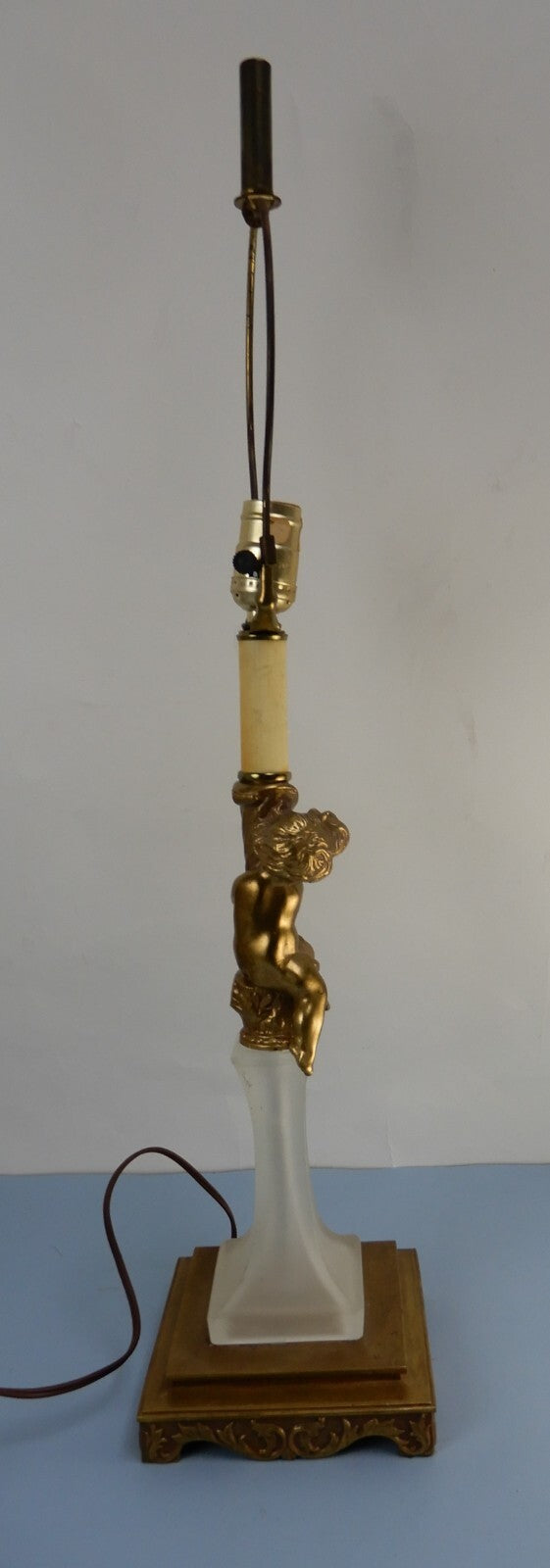 Vintage Tall Cherub Brass and Frosted Glass 3- Way Table Lamp