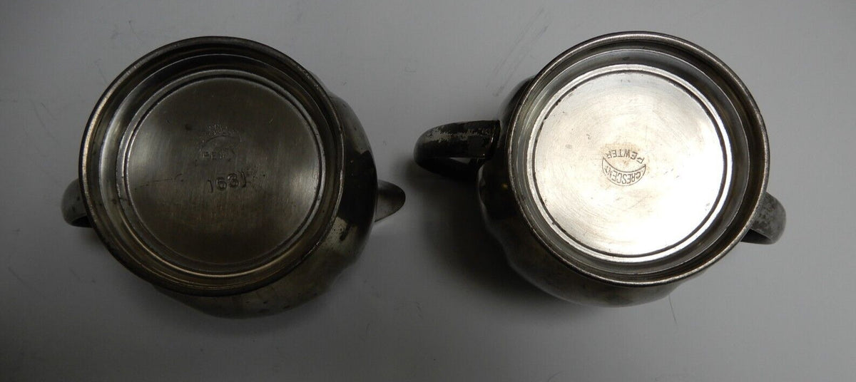 Vintage Crescent Pewter Metal Coffee Pot, Creamer, and Sugar Bowl New York 1930s