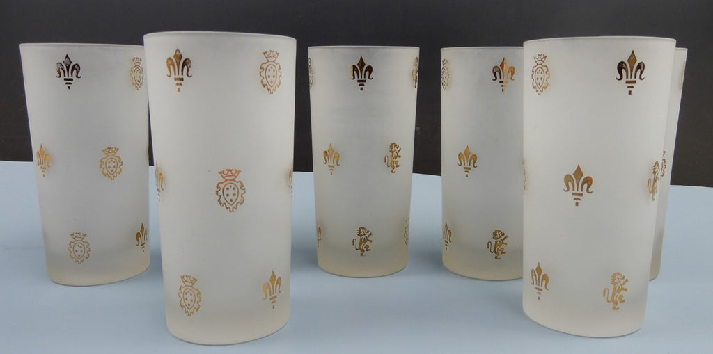 7 Frosted Highball Glasses with Golden Symbols Lions,Fleur De Lis and Shields
