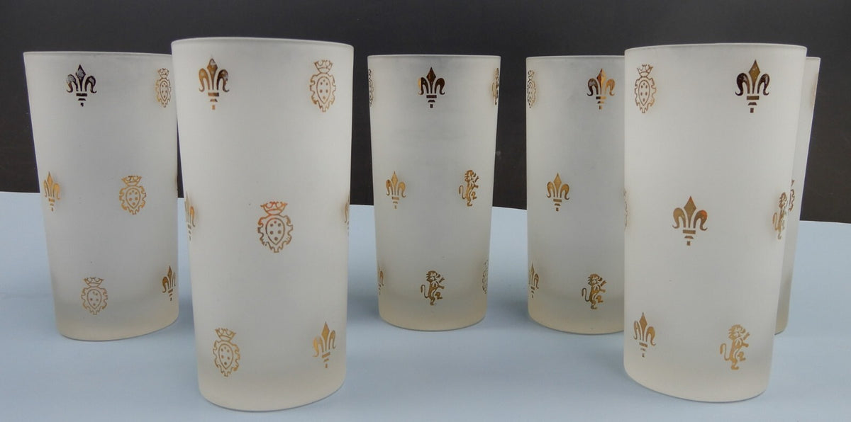 7 Frosted Highball Glasses with Golden Symbols Lions,Fleur De Lis and Shields