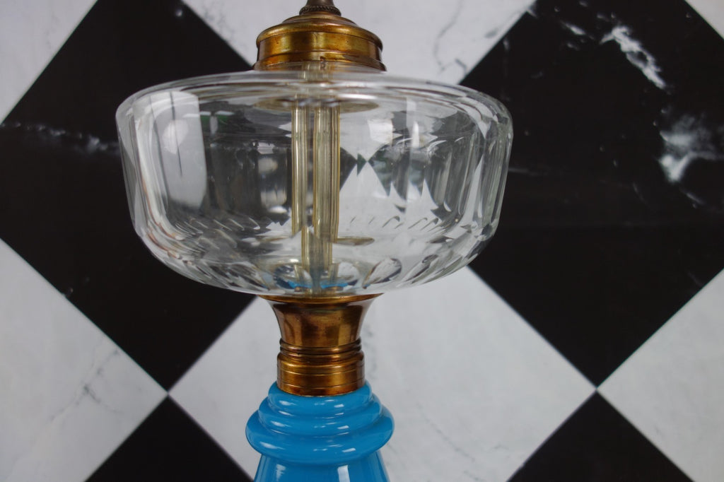 Vintage Turquoise Blue Opaline Glass Clear Top Glass Brass Base 3 Way Table Lamp