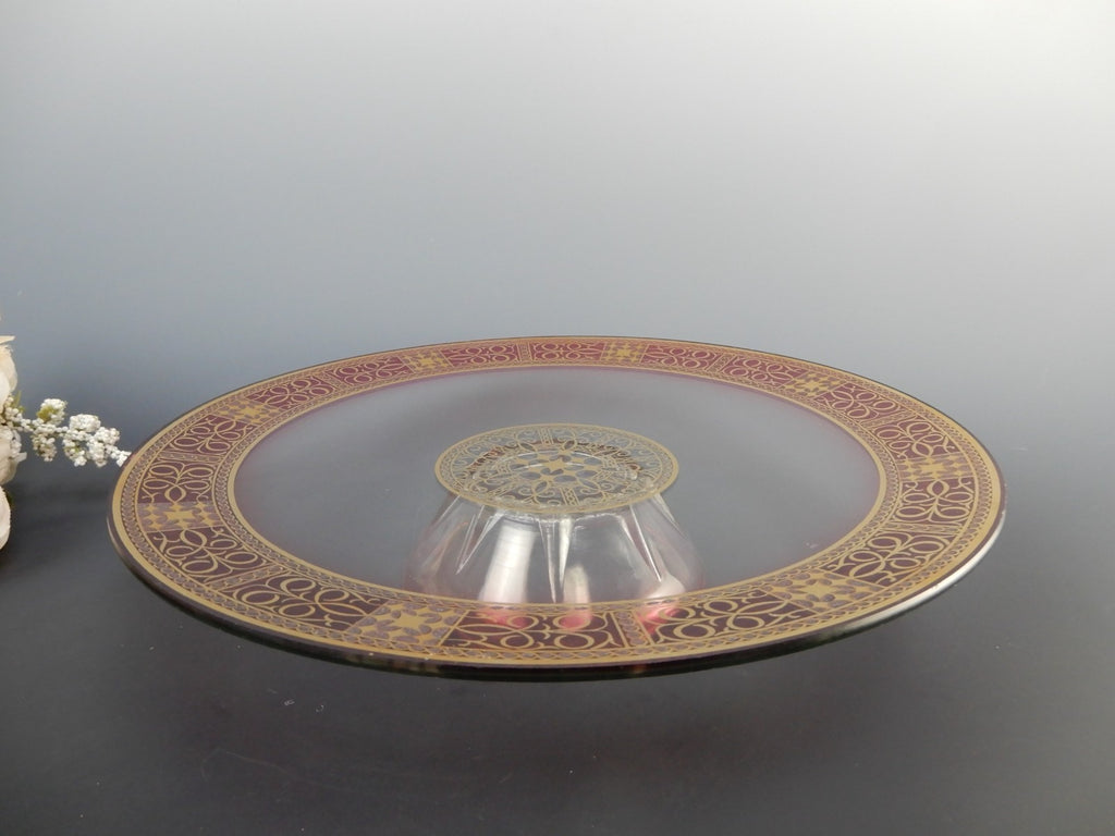 Vintage Glass Red and Gold Cake Stand ,Center Piece 11-1/2" Diameter