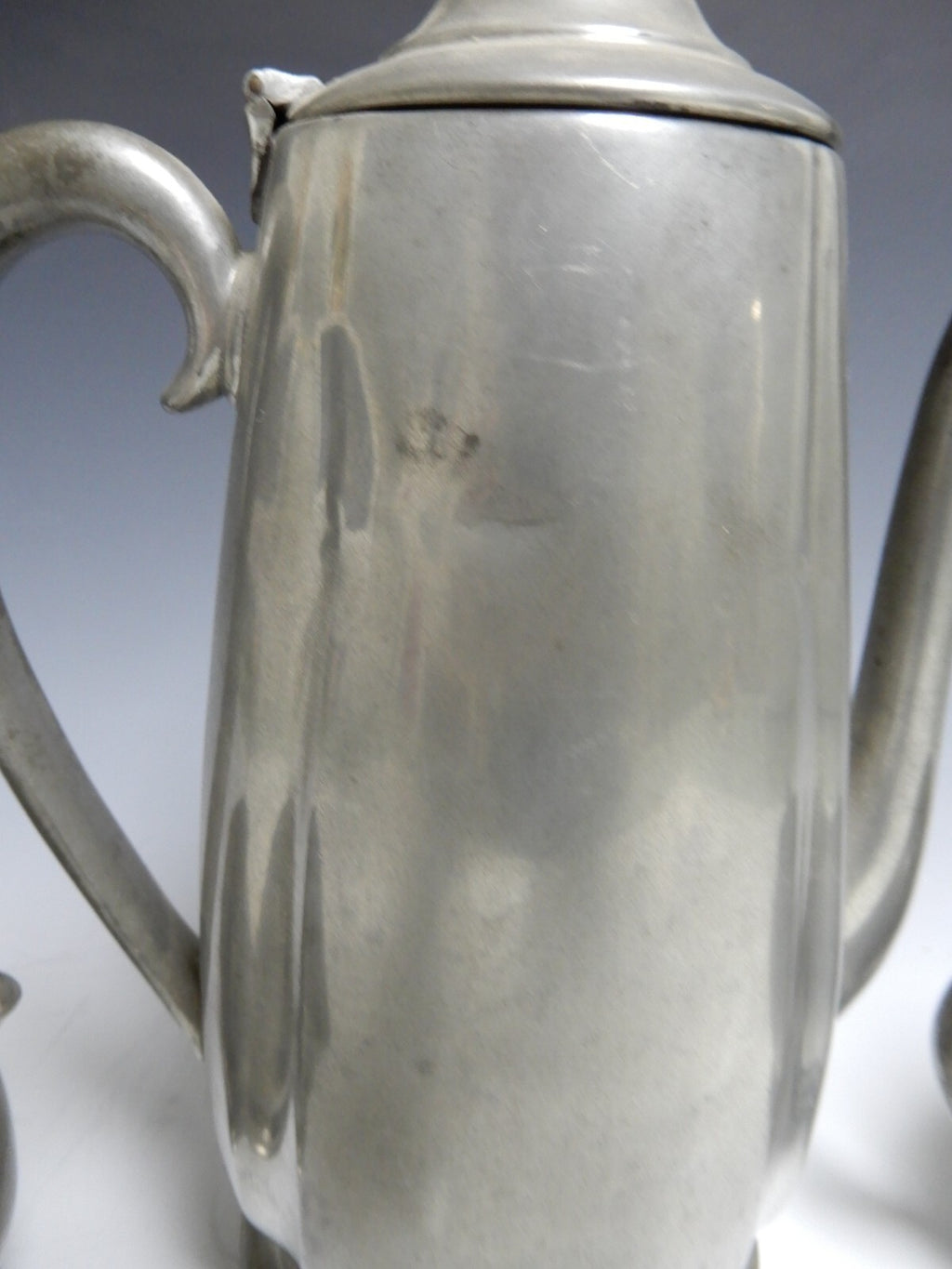 Vintage Crescent Pewter Metal Coffee Pot, Creamer, and Sugar Bowl New York 1930s