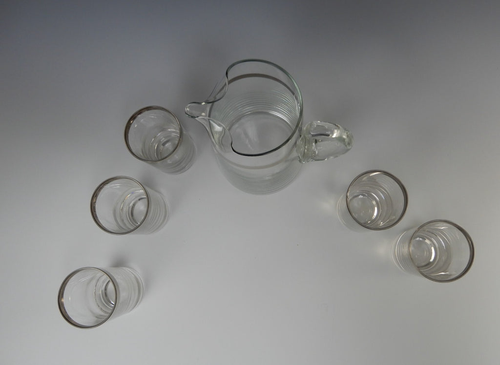 Vintage Dorothy Thorpe Silver Band Cocktail Pitcher With 5 Juice Glasses