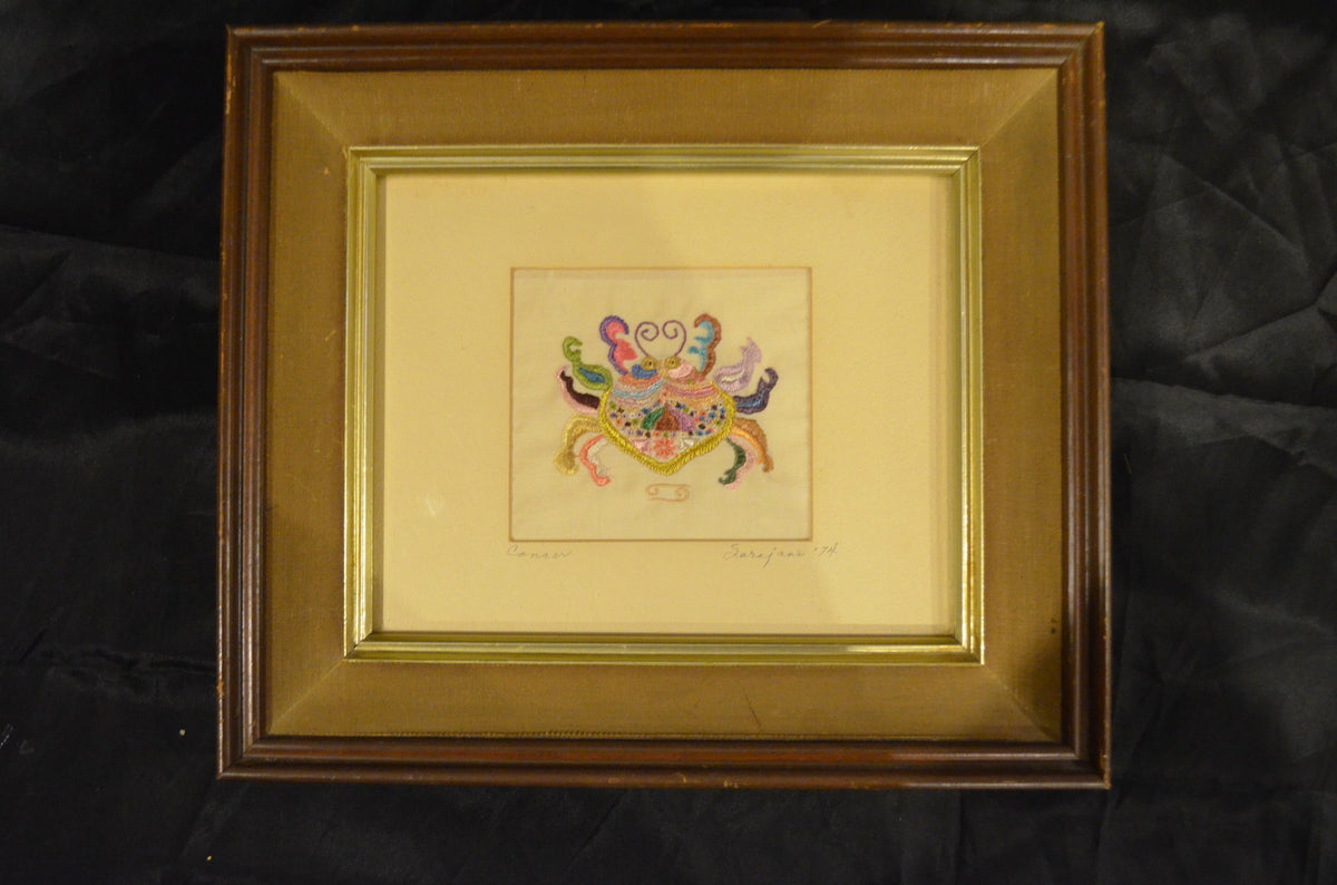 Homemade Multicolored Framed Cross Stitched Cancer Horoscope Zodiac Sign