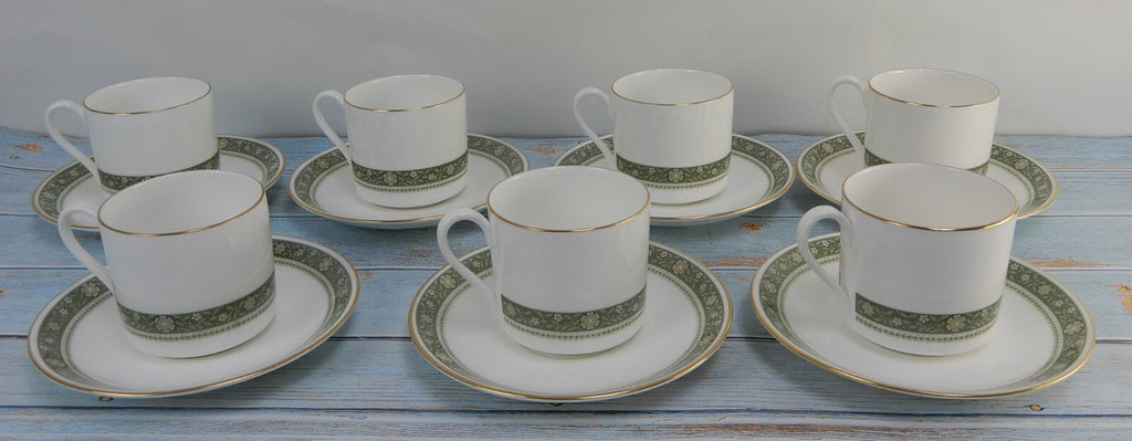 Royal Doulton Rondelay Gold Green Band H5004 Set of 7 Espresso Cups and Saucers