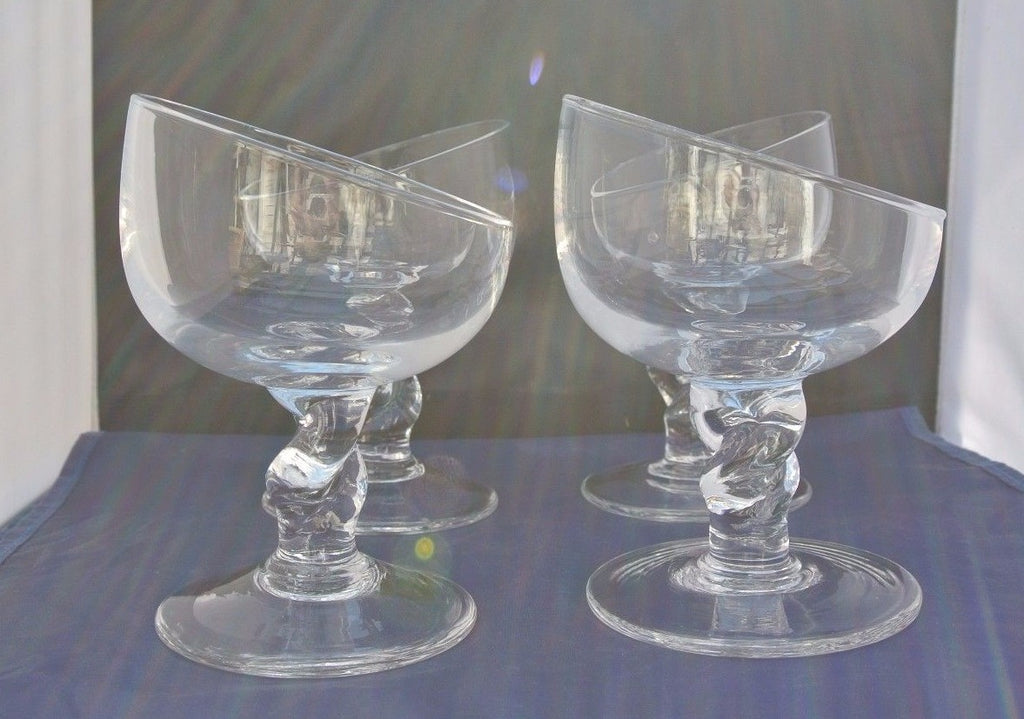 (4) Unique Shape Hand Blown Clear Glass Ice Cream Sundae, Margarita Glasses