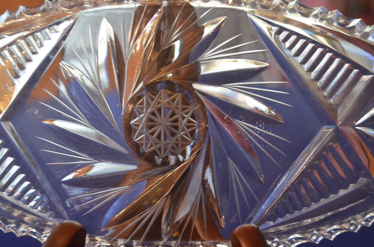 Excellent Czech Bohemian Hand Cut  Lead Crystal Oval Crystal Dish w/ Sticker