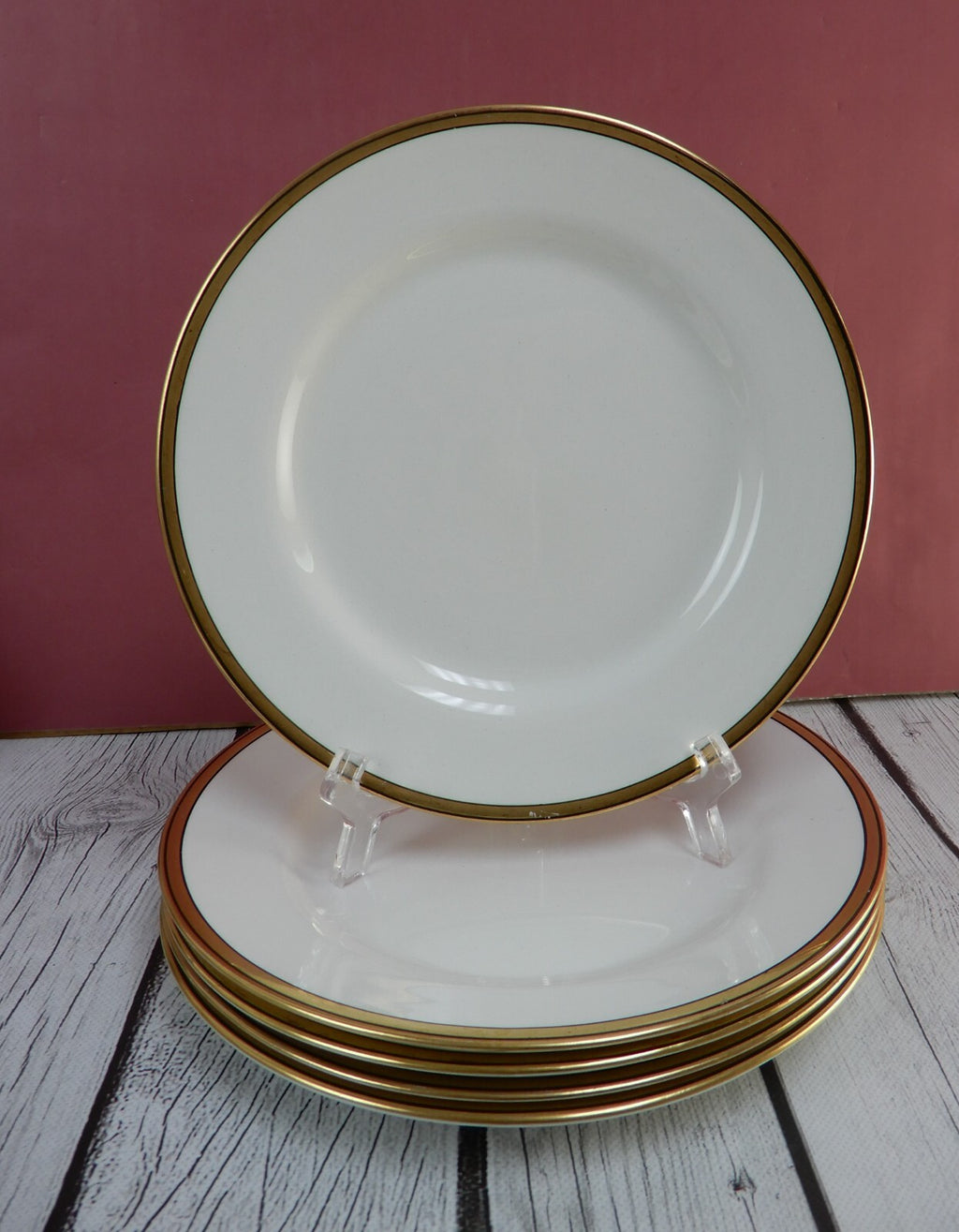 Lot of 6 Johnson Brothers England White Gold  and Black Rims 8" Salad Plates