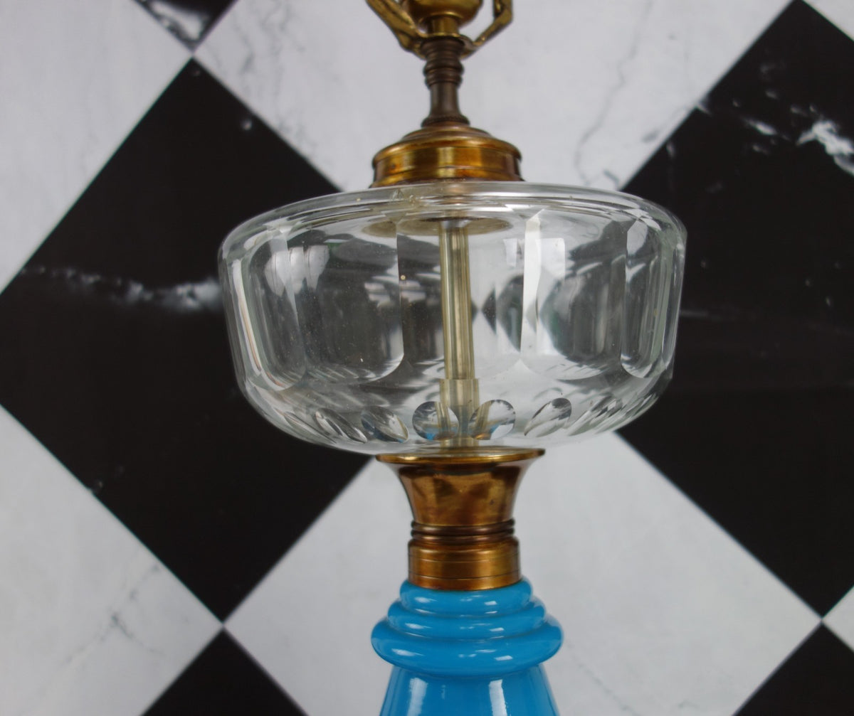 Vintage Turquoise Blue Opaline Glass Clear Top Glass Brass Base 3 Way Table Lamp
