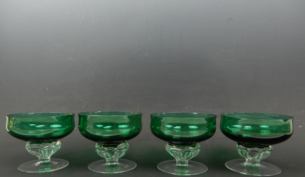4 Hand Blown Forest Green with Clear Stemmed Sherbet 8 oz Glasses