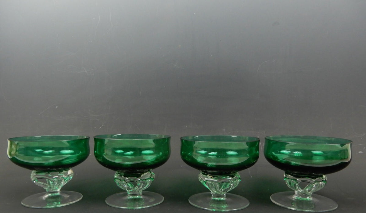 4 Hand Blown Forest Green with Clear Stemmed Sherbet 8 oz Glasses