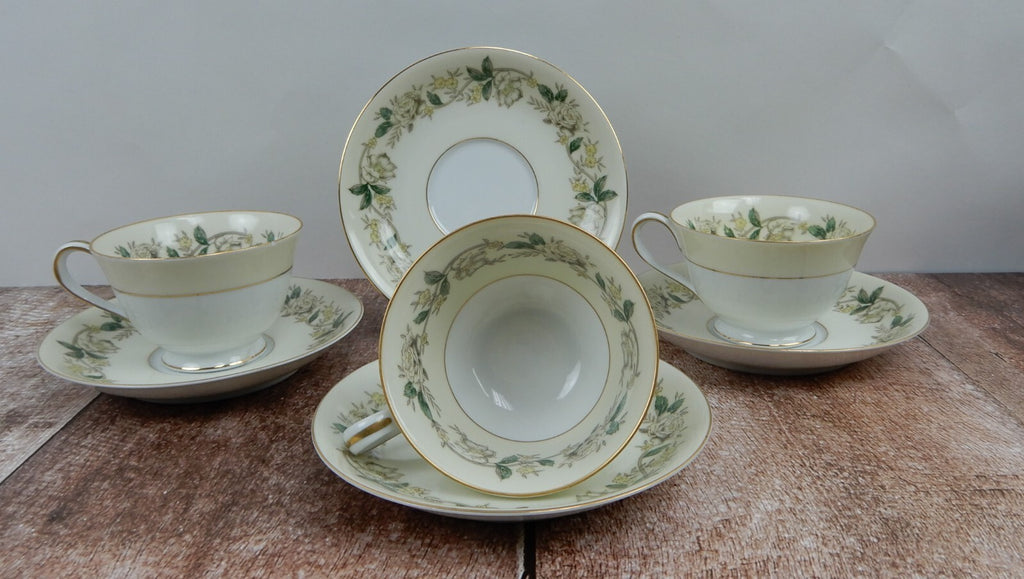 Vintage Noritake Morimura 5020 White Rose and Leaf Set of 3 Cups and Saucers