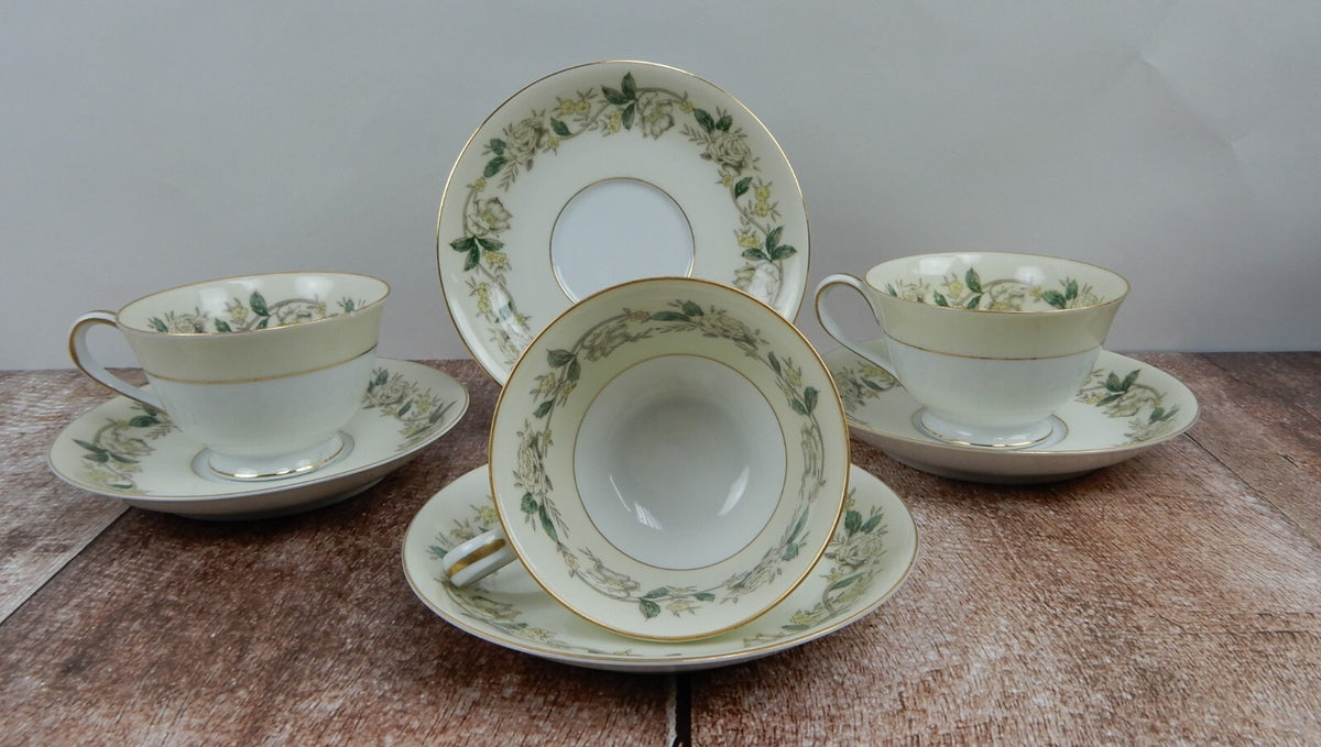 Vintage Noritake Morimura 5020 White Rose and Leaf Set of 3 Cups and Saucers