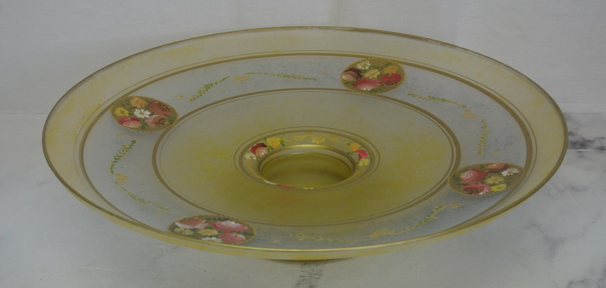 Vintage Bohemian Glass Hand Painted Enamel Footed Bowl, Stand