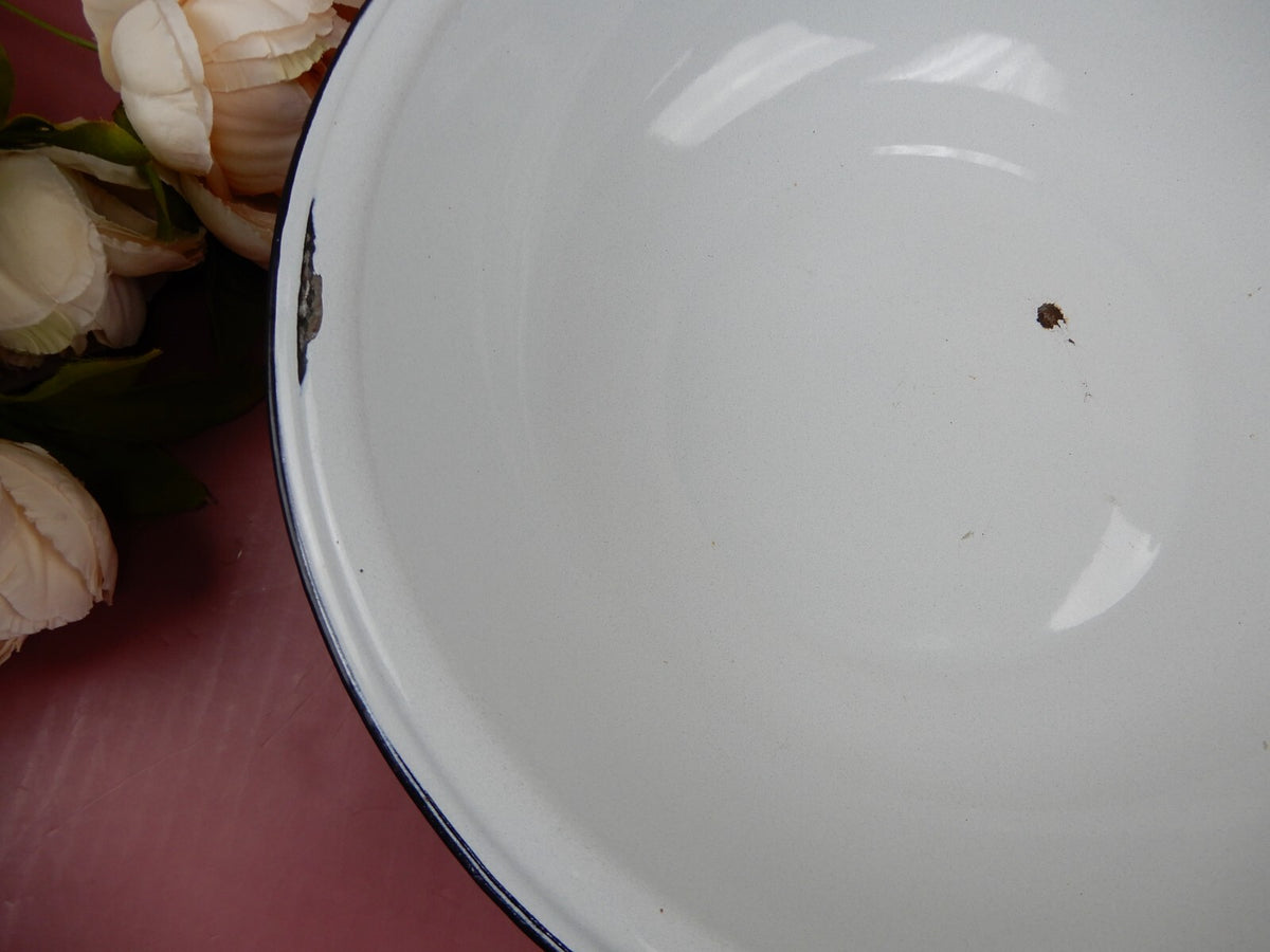 Enamelware Wash Basin Farmhouse Decor White with Black Rim and Hole for Hanging