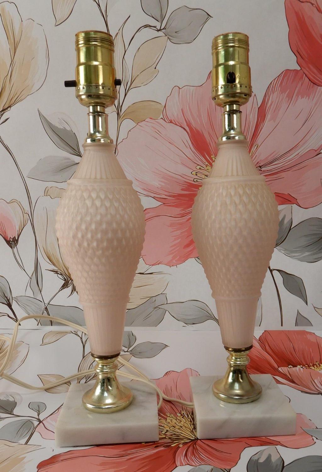 Pair of Pink Frosted Glass Quilted Pattern Table Lamps With Marble Base
