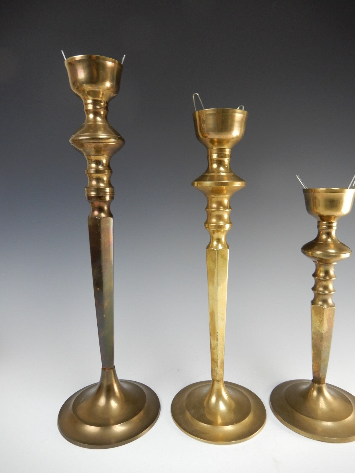 Three Vintage Brass Tiered Candle Holders W/Glass Shades 21-3/8", 19-1/4", 16"