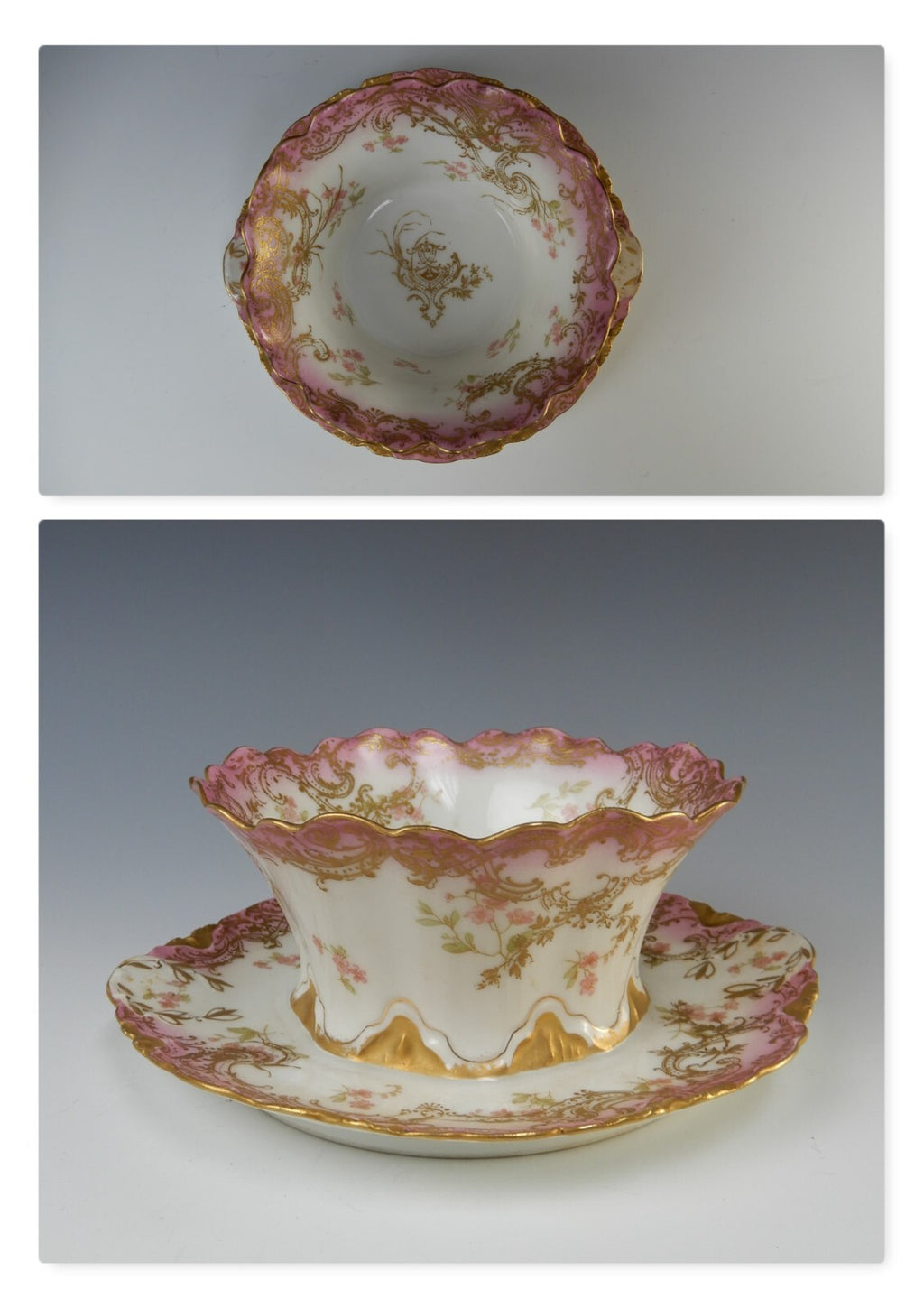 Antique Haviland Limoges Pink Sauce or Mayonnaise Bowl w/ attached Underplate