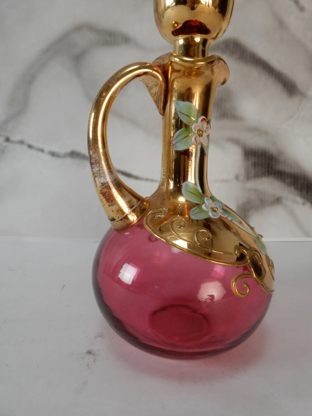 Vintage Glass Czech Bohemia Hand-Painted Red Cruet with Stopper