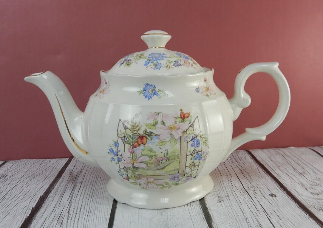 Vintage Crown Dorset Staffordshire England Tea Pot Spring Window Scene